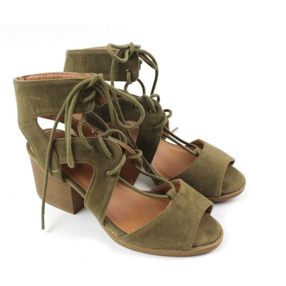 QUPID Olive Green Heels Suede Shoes With Laces 2 1/2 Inch 2.5" Heel